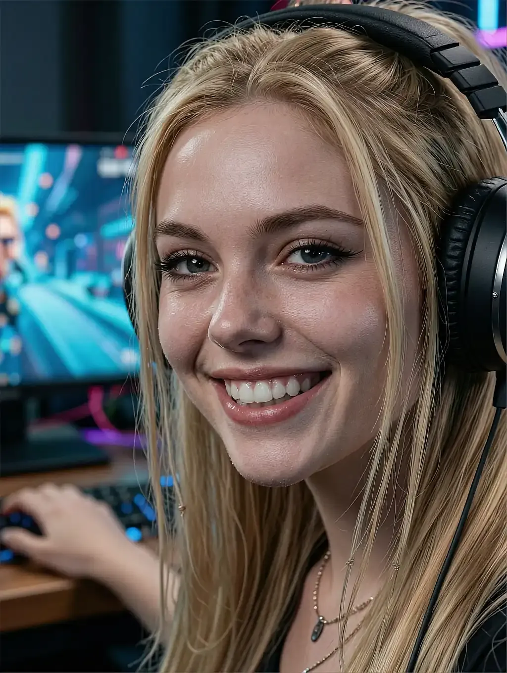 Fictional AI character in gaming headphones smiling at a desk of lit monitors