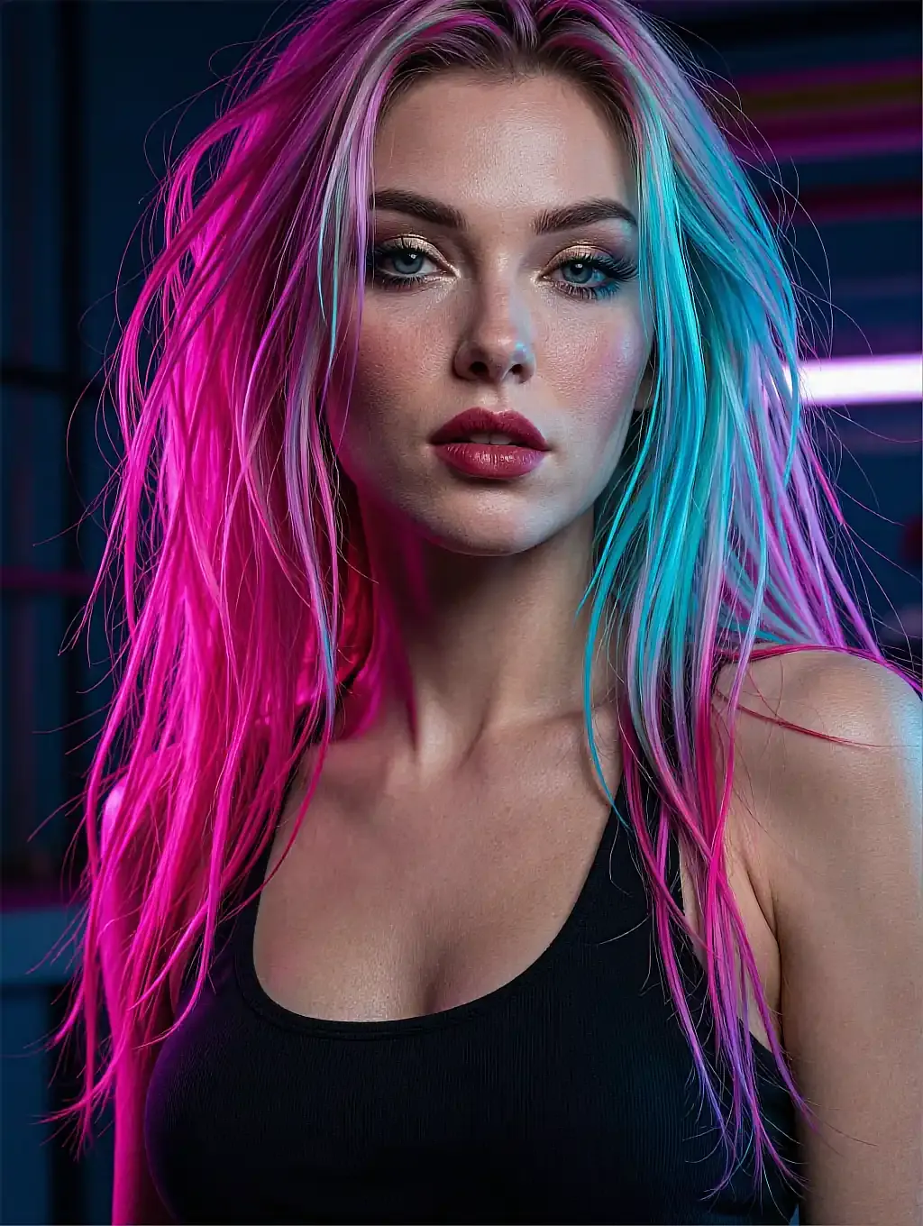Fictional AI character with pink and blue streaked hair in a black vest under neon light